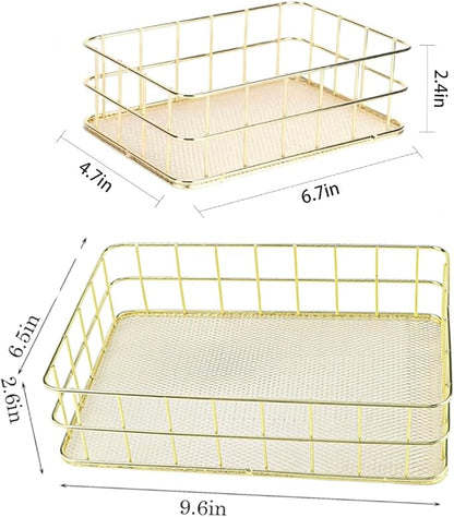 Two Small Gold Wire Basket - 9.6x6.7x2.8 、6.8*4.8*2.3inch ,Metal Wire Mesh Storage Basket for Home Organization | Ideal for Desk, Laundry, Wedding Bathroom & Cosmetic Stations