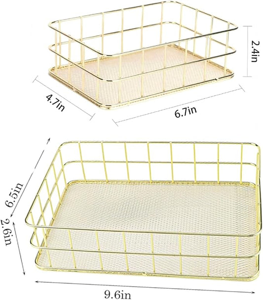 Two Small Gold Wire Basket - 9.6x6.7x2.8 、6.8*4.8*2.3inch ,Metal Wire Mesh Storage Basket for Home Organization | Ideal for Desk, Laundry, Wedding Bathroom & Cosmetic Stations