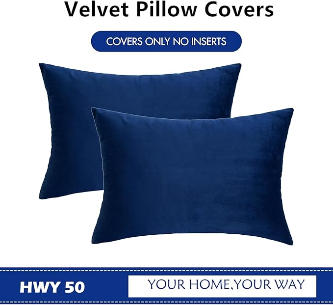 HWY 50 Navy Blue Velvet Rectangular Throw Pillow Covers 12x20 Inch, Pack of 2 Soft Cozy Solid Decorative Luxury Cushion Cases for Couch Sofa Bed Living Room Bedroom