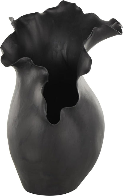 Deco 79 Ceramic Abstract Decorative Vase Floral Inspired Centerpiece Vase with Wavy Edge, Flower Vase for Home Decoration 10" x 8" x 16", Black
