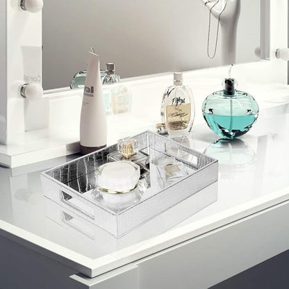 Vixdonos Decorative Mirror Tray,Silver Vanity Tray,Leather Catchall Organizer for Makeup,Perfume and Cosmetic on Dresser or Coffee Table(Small, Silver)