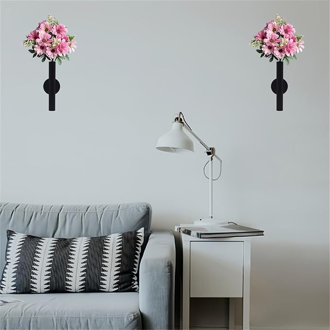 Adhesive Metal Wall Vase Holder - Decorative Tube for Dried/Faux Floral Display, Rust-Resistant Home & Office, Dining Room Also Suitable for Cemetery Memorial Display Decor (2 Pcs Black)