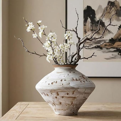 Wabi Sabi Rusty Vintage Vase, 11.4" Tall Wabi Sabi Decor Rustic Farmhouse Pottery Vase for Centerpiece, Textured Pottery Flower Vases for Home Decorative, Table, Living Room (White, Large)