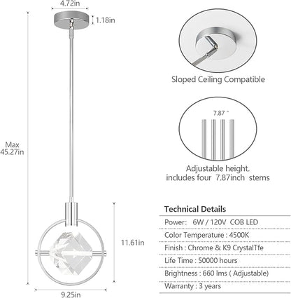 Modern Crystal Pendant Light in Chrome Mini Dimmable Integrated LED Light Fixtures Metal Rod Ceiling Chrome Chandelier for Kitchen Island Bedroom Dining Room Bar(1-Lights)