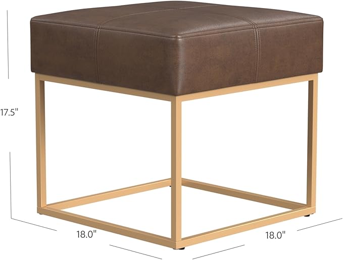 Homepop Decorative Small Square Gold Metal Ottoman | Ottoman Stool for Living Room & Bedroom | Decorative Home Furniture (Brown Faux Leather)
