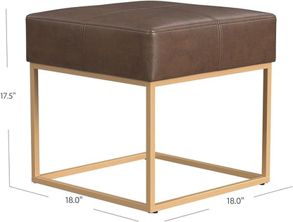 Homepop Decorative Small Square Gold Metal Ottoman | Ottoman Stool for Living Room & Bedroom | Decorative Home Furniture (Brown Faux Leather)