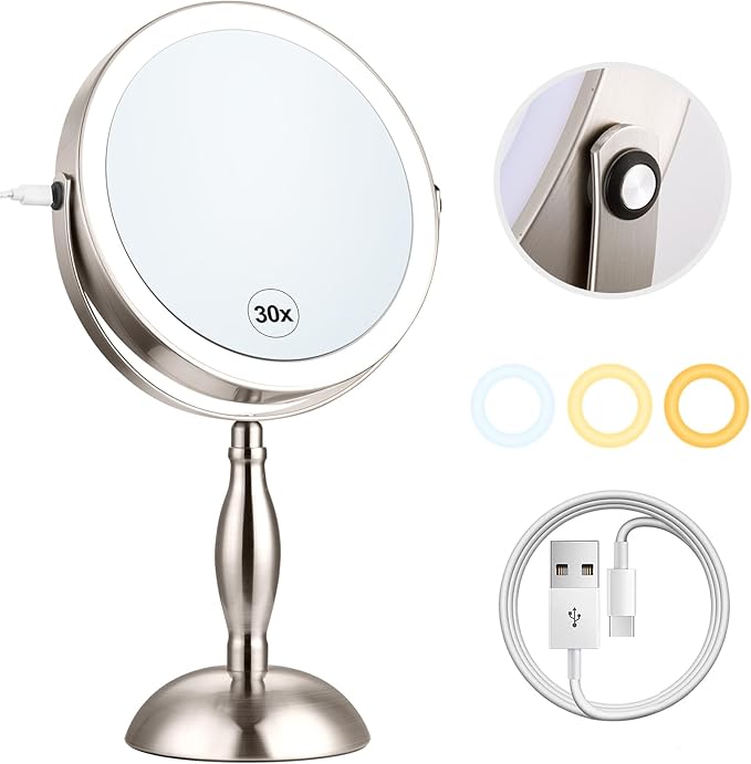 Makeup Mirror with Light, 30x Magnifying Mirror with 3 Lights Colors, 5000mAh Vanity Mirror Brushed Nickel - 360° Rotation, Brightness Adjustable Magnification, Modern Style Side Touch + Side Charge