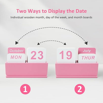 Wooden Block Perpetual Calendar for Desk, Daily Desktop Standing Flip Calendar with Large Display, Modern Farmhouse Aesthetic Desk Accessories for Home Office Decor, Reusable Yearly, Pink