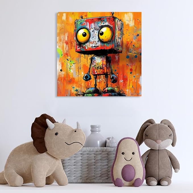 Vibrant Abstract Robot Wall Art Canvas Print Banksy Robot Posters Paintings for Boys Room Wall Decor Graffiti Street Wall Decoration Artwork Prints for Living Room Bedroom Home Office(14''x14'')