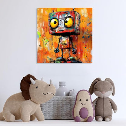 Vibrant Abstract Robot Wall Art Canvas Print Banksy Robot Posters Paintings for Boys Room Wall Decor Graffiti Street Wall Decoration Artwork Prints for Living Room Bedroom Home Office(14''x14'')