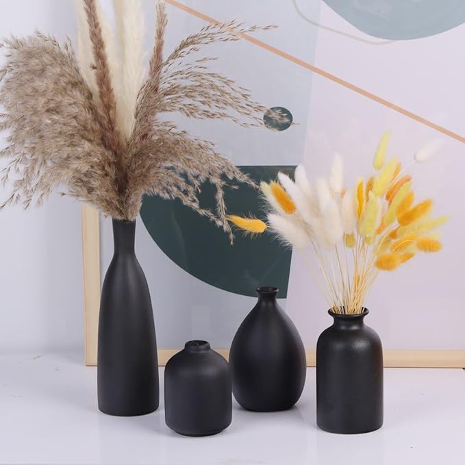Black Ceramic Bud Vases Set of 4, Farmhouse & Mantle Decor, Living Room, Kitchen & Office, Coffee Table Decor, Bulk