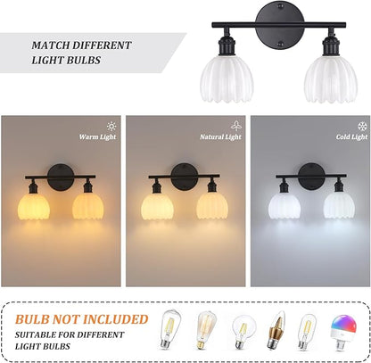 Bathroom Light Fixtures, 2-Light Black Vanity Wall Light Over Mirror with White Tulip Glass Shade for Bedroom Living Room (Bulb Not Included)