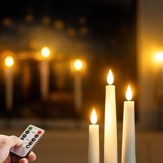 Homemory 2 Pcs Waxy Flameless Taper Candles with Remote, Led Flameless Candlesticks Classic Tall Candle, Flickering Battery Operated Taper Candles for Bedroom, Dining Room, White, 9.6 inches