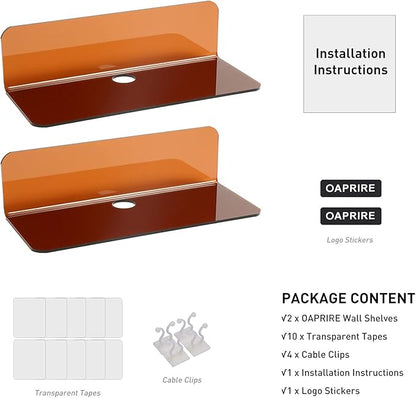 OAprire Acrylic Floating Shelves Set of 2 - Expand Wall Space - 9 Inch Small Adhesive Shelf for Bedroom, Bathroom, Kitchen, Living Room, Office with Cable Clips (Brown)