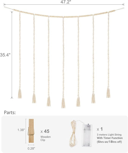 Mkono Macrame Hanging Photo Display Wall Decor with String Lights, Boho Wooden Beads Garland Collage Picture Card Frame Holder with 45 Clips for Bedroom Living Room Dorm, Teen Girls Christmas Gifts