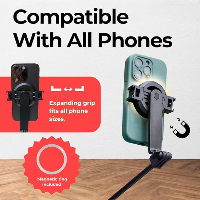 Magnetic Tripod & Selfie Stick with Bluetooth Remote | Foldable Travel Stand for iPhone 12/13/14/15 | 180° Adjustable Head, Locking Legs, Phone Clip Included
