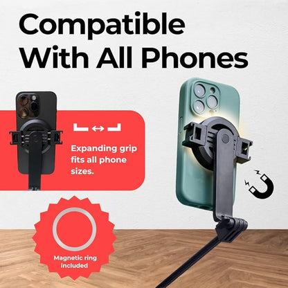 Magnetic Tripod & Selfie Stick with Bluetooth Remote | Foldable Travel Stand for iPhone 12/13/14/15 | 180° Adjustable Head, Locking Legs, Phone Clip Included