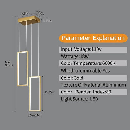 Modern Kitchen Pendant Light Fixture Gold 18W LED Pendant Light 2 Rings Rectangle Chandelier Pendant Lighting for Kitchen Island Living Room Dining Room Bedroom