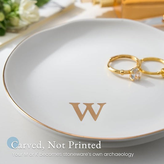 Lolalet Handmade Ceramic Ring Dish Jewelry Tray Plate with Initial, Small Monogram Gift for Her Women Girls Mother, Hostess, Engagement, Bridal Shower, Maid of Honor, Bridesmaid, Birthday, Christmas