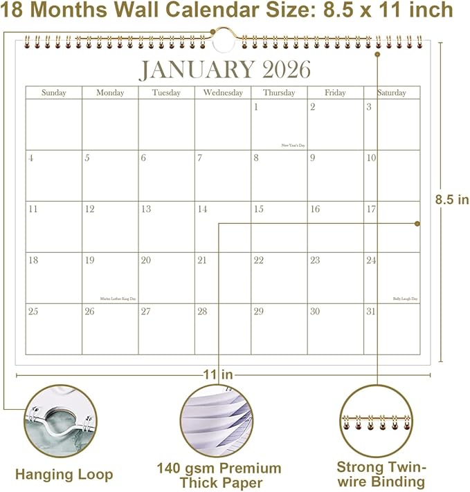 2026 Calendar - 2026-2027 Wall Calendar from January 2026 - June 2027, 18 Months Calendar with Premium Paper, Twin-Wire Binding & Hanging Hook, 8.5" x 11", Golden