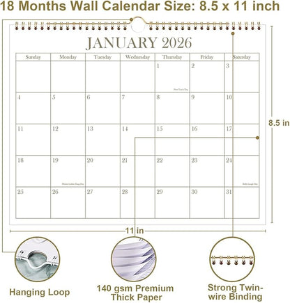 2026 Calendar - 2026-2027 Wall Calendar from January 2026 - June 2027, 18 Months Calendar with Premium Paper, Twin-Wire Binding & Hanging Hook, 8.5" x 11", Golden