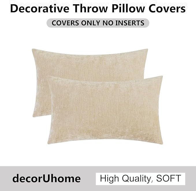 decorUhome Chenille Beige Spring Throw Pillow Covers 12x20 Inch Set of 2, Decorative Soft Couch Pillow Covers Solid Dyed Accent Farmhouse Neutral Rectangle Pillow Cases for Sofa