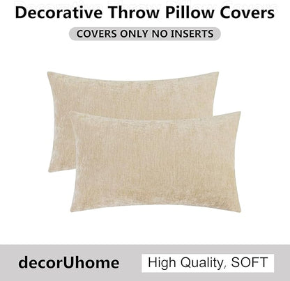 decorUhome Chenille Beige Spring Throw Pillow Covers 12x20 Inch Set of 2, Decorative Soft Couch Pillow Covers Solid Dyed Accent Farmhouse Neutral Rectangle Pillow Cases for Sofa