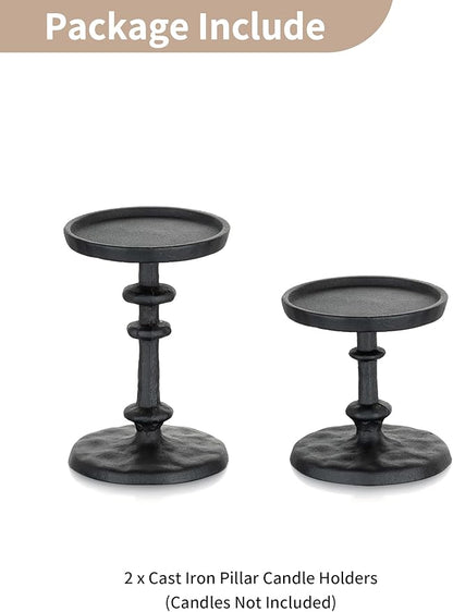 NUPTIO Pillar Candle Holder Black: Solid Cast Iron Candle Stand for 3 Inch Pillars - Handcrafted Hammered Candleholder for Thanksgiving Christmas Fireplace Mantle Decor