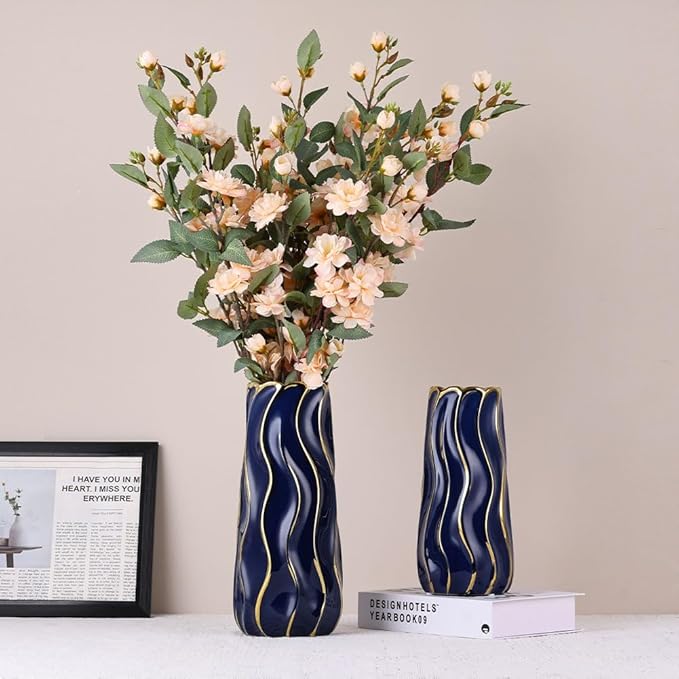 11.5" Blue Ceramic Vase - Minimalist Blue and Gold Flower Vase, Blue Decor Large Pampas Grass Vase, Boho Decorative Centerpiece Vase for Home Decor, Table, Shelf, Mantel, and Entryway