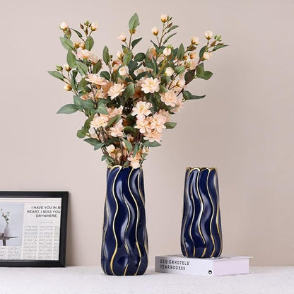 11.5" Blue Ceramic Vase - Minimalist Blue and Gold Flower Vase, Blue Decor Large Pampas Grass Vase, Boho Decorative Centerpiece Vase for Home Decor, Table, Shelf, Mantel, and Entryway