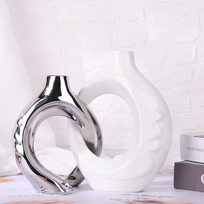 LCCCK White and Silver Ceramic Vases for Home Decor, Boho Vase for Flowers Pampas Grass Decorative, White Silver Hollow Donut Small Vase for Living Room Table Wedding Centerpiece Modern Vases