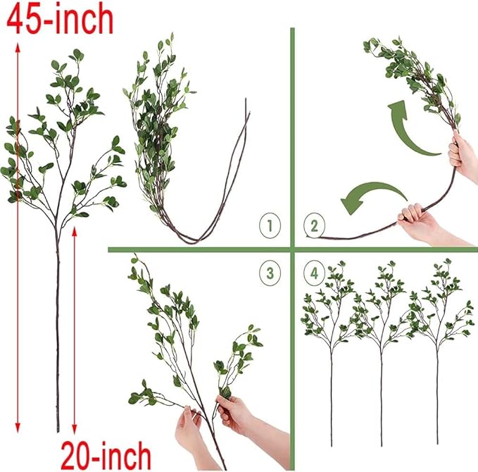 HANDIC 3 Pcs Faux Stems Artificial Branches for Vase Greenery Stems Faux Branches for Vase Plant Artificial Eucalytus Branches Plants (45"/Each Branch) (3, Green)