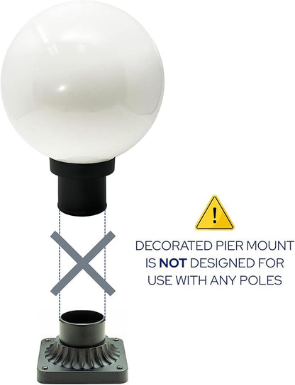 KASTLITE 12" Globe Pier Mount Outdoor Lighting with LED Lamp | UV & Waterproof Pillar & Column Lights | Deck Driveway Yard Patio & Garden Fixture | Made in USA | Bronze Cover, Black Decorated Base