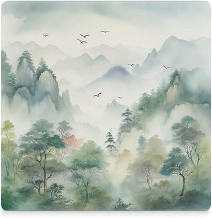4PCS Forest Ceramic Coasters, Square Absorbent Drink Coasters,Nature Woodland Green Forest Mountain Plant Flying Birds Ceramic Table Coasters for Coffee, Beverage, Wine, Beer Coasters