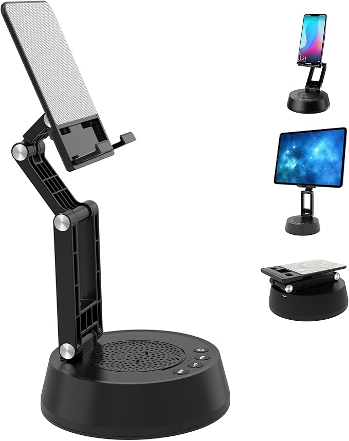Cell Phone Stand with Wireless Bluetooth Speaker,Adjustable Height and Angle Foldable Cell Phone Stand Holder Bluetooth Speaker for Desk, Phone Stand Compatible with 4.7"-13" Smartphones (Grey)