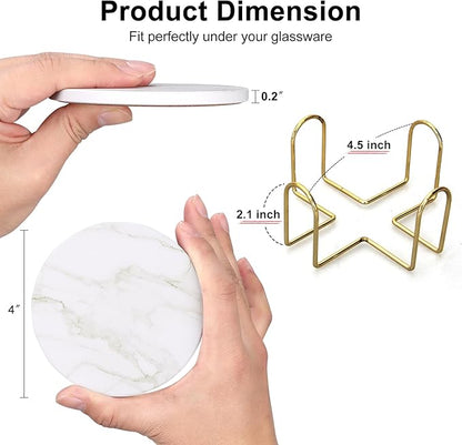 White Marble Coasters Set of 6 Best Round Ceramic Absorbent Coasters with Holder Coffee Cup Coaster Modern Drink Coaster for Bar, Table, Desk