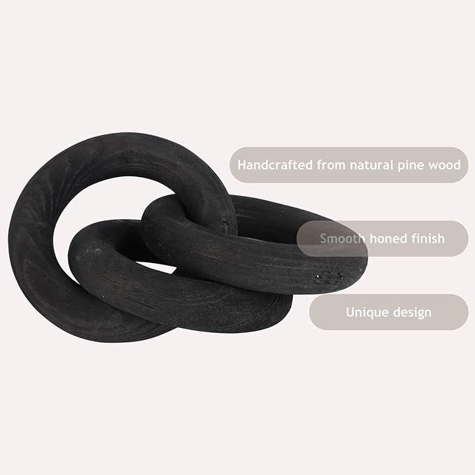 Wood Chain Link Decor 3-Link,8.3 Inch Length Wood Knot Decor,Black Hand Carved Decorative Chain Knot,Knot Decorative Object,Coffee Table Decor,Country Chain Knot Decor,Mom Gifts,Wooden Links