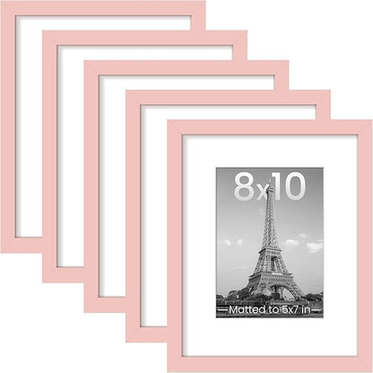 upsimples 8x10 Picture Frame Set of 5, Display Pictures 5x7 with Mat or 8 x 10 Without, Wall Gallery Photo Frames, Pink