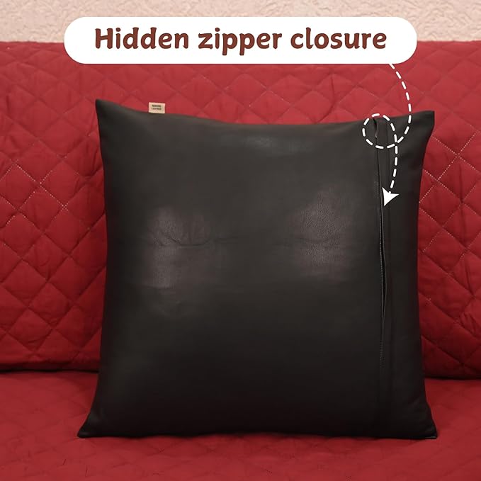 Lambskin Leather Pillow Cover - Sofa Cushion Case - Decorative Throw Covers for Living Room & Bedroom, 20x20 Inches - Black (02) Pack of 2