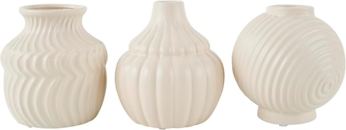 Deco 79 Ceramic Abstract Decorative Vase Small Textured Centerpiece Vases with Varying Shapes and Patterns, Set of 3 Flower Vases for Home Decoration 5" W, 6" H, Cream