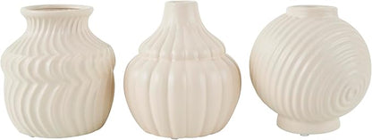 Deco 79 Ceramic Abstract Decorative Vase Small Textured Centerpiece Vases with Varying Shapes and Patterns, Set of 3 Flower Vases for Home Decoration 5" W, 6" H, Cream