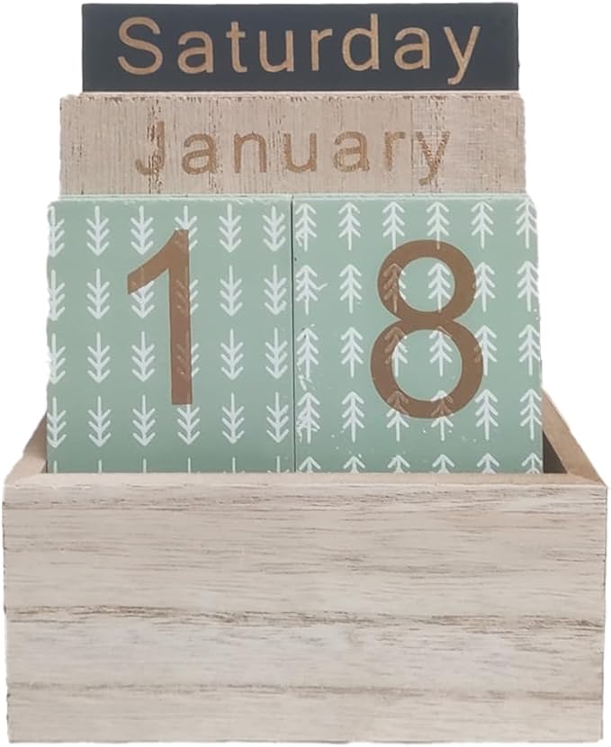 Wooden Perpetual Calendar for Desk, Metal Wood Month Date Display for Teachers, Students, Classroom, Rustic Farmhouse Office Decor, Desk Accessories (Snowflake printed)