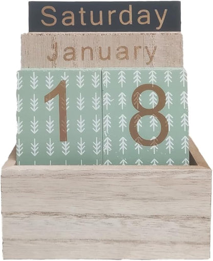 Wooden Perpetual Calendar for Desk, Metal Wood Month Date Display for Teachers, Students, Classroom, Rustic Farmhouse Office Decor, Desk Accessories (Snowflake printed)