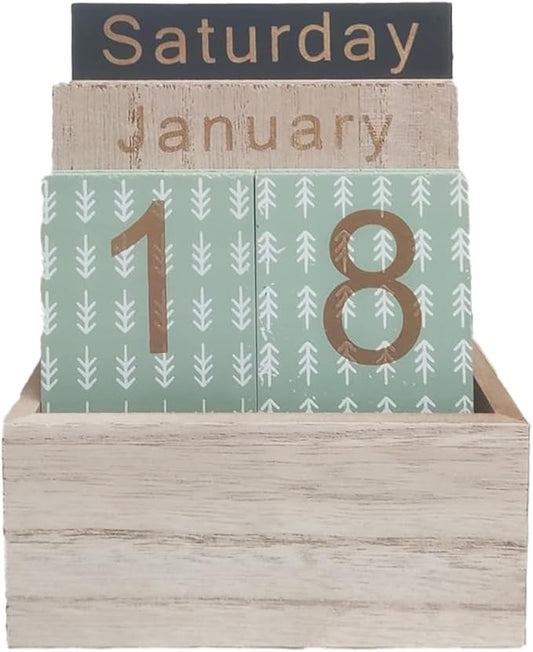 Wooden Perpetual Calendar for Desk, Metal Wood Month Date Display for Teachers, Students, Classroom, Rustic Farmhouse Office Decor, Desk Accessories (Snowflake printed)