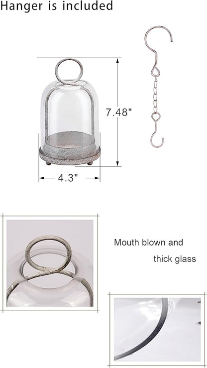 7.5" High Versatile Modern Metal Hurricane Lantern with Handmade Sturdy Glass Dome in Shabby White for 2" Pillar Candle & Plants, Industrial, Farmhouse (White Shabby, 4" x7.5 for 2" Pillar)