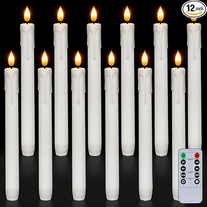 Homemory 12 Pcs Plastic Flameless Taper Candles with Remote Timer Dimmer, White Taper Candles Battery Operated with Flickering Flame Light Lifelike Led Candlesticks for Indoor Decoration 9.6 Inches