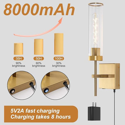 Wall Sconces,Gold Battery Operated Wall Sconce Dimmable Touch 3000K/6000K 2 Color Bulbs 8000mAh Fast Chargin Endurance 100 Hours with Remote Control Wireless Wall Lights for Bedroom Living Room