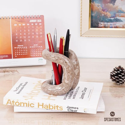 Marble Pen Holder for Desk 4 Inch Oceanic Stone Pencil Holder for Desk Accessories, Workspace Organizers & Office Decor - Pen Organizer for Teacher Supplies & Gifts