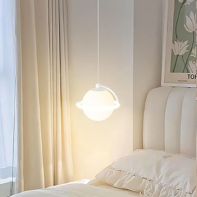 Modern White LED Pendant Light Adjustable Spherical Hanging Lamp with 3 Color Temperatures for Bedroom Bedside Living Room Decorative Iron and Resin Ceiling Fixture