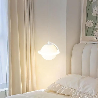 Modern White LED Pendant Light Adjustable Spherical Hanging Lamp with 3 Color Temperatures for Bedroom Bedside Living Room Decorative Iron and Resin Ceiling Fixture